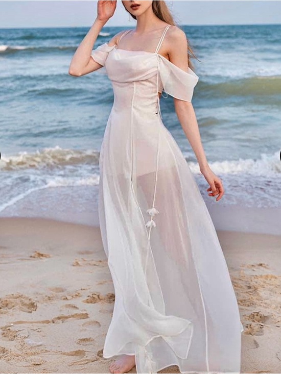 darling diva Dresses & Skirts - White off shoulder Maxi Dress with Shells and Pearls details